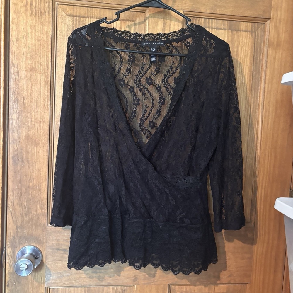 Apostrophe Black Sheer Floral Lace Faux Wrap Peplum Blouse Plus XL / 18